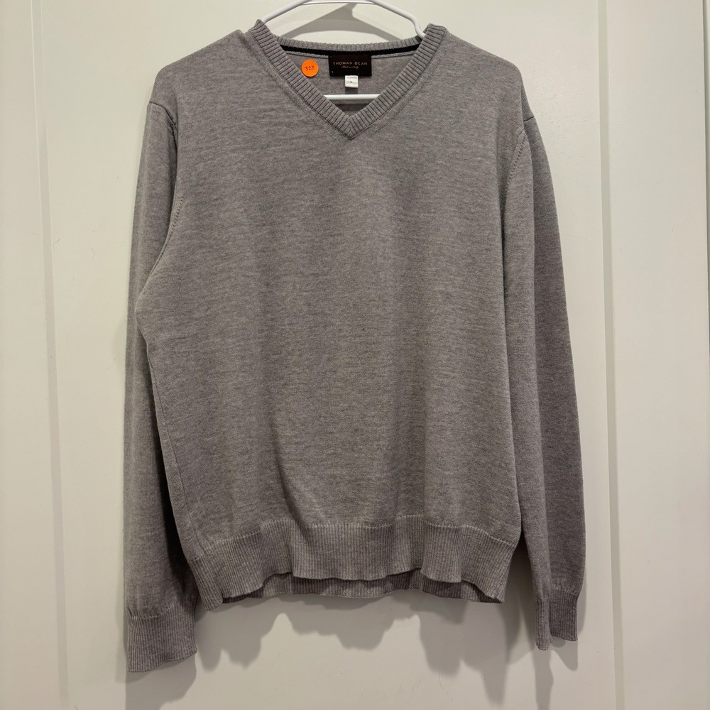 Thomas Dean Mens Gray V-Neck Wool Sweater Made in Italy Size L Heather Grey Knit
